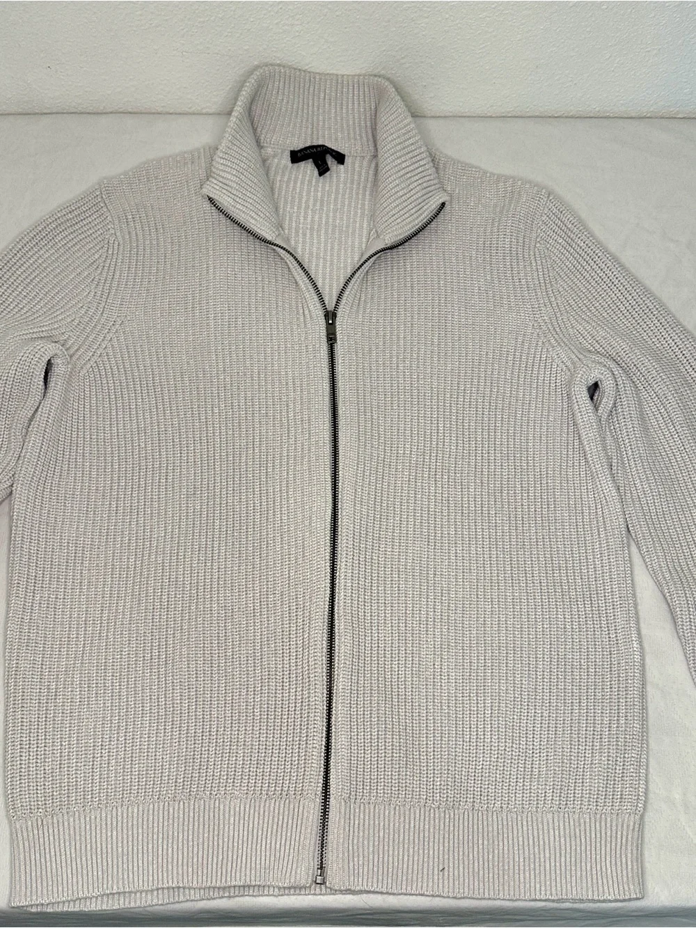 Banana Republic Mens Large Full Zip Sweater Beige Mock Neck Cotton Knit Cardigan